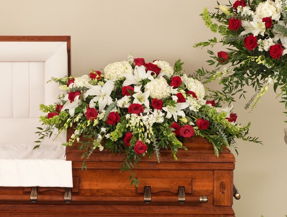 Classic Red and White Casket Spray Stadium Flowers