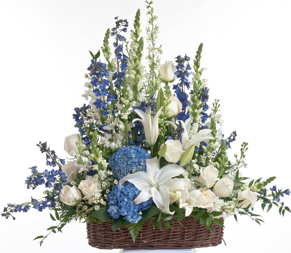 Blue And White Floor Basket Stadium Flowers