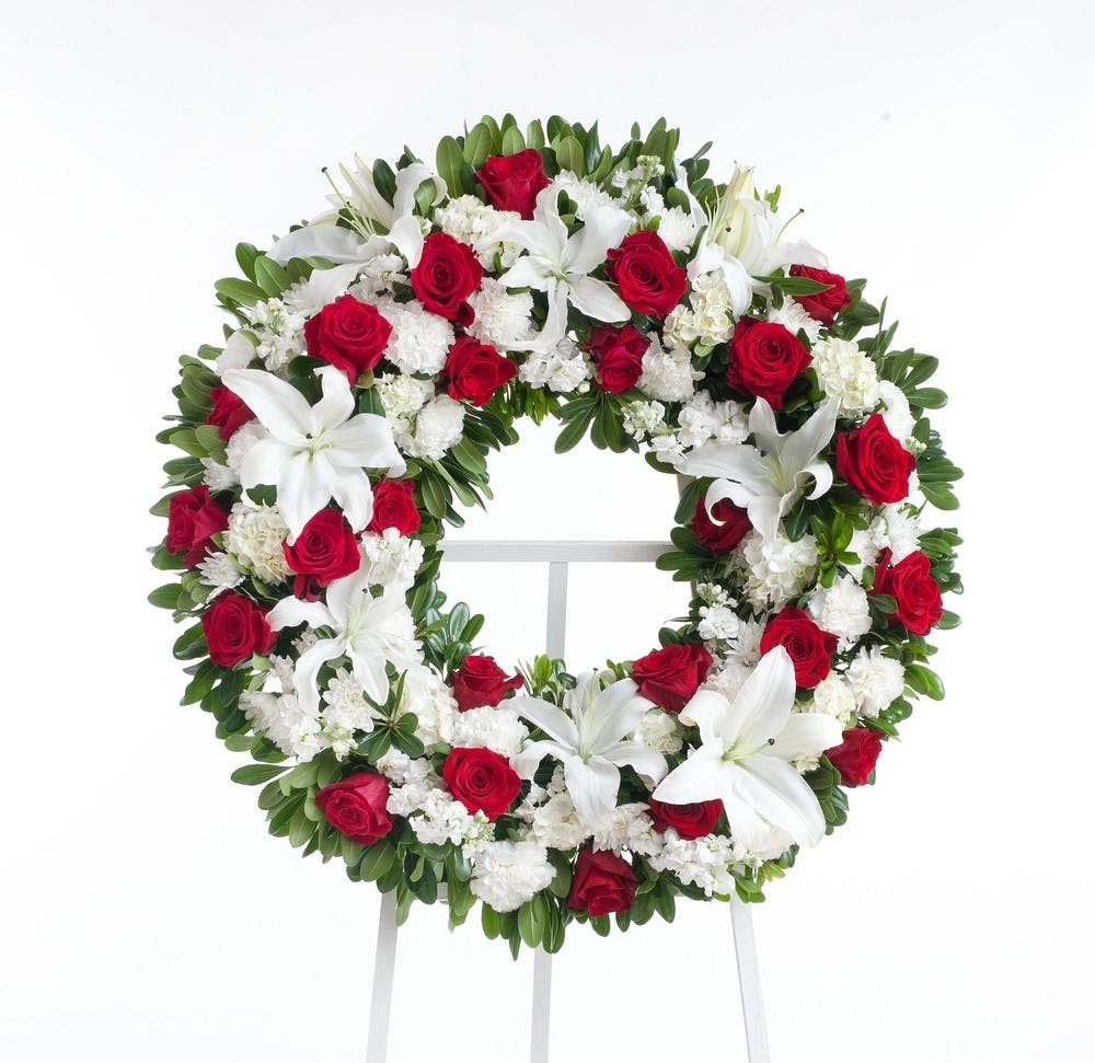 Classic Red and White Wreath Display - Stadium Flowers