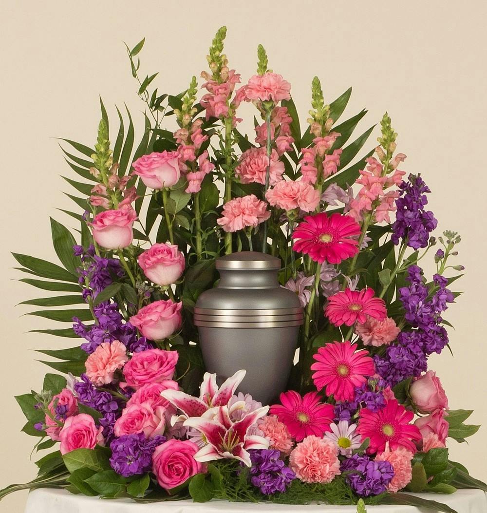 Delicate Pink & Lavender Memorial Urn - Stadium Flowers